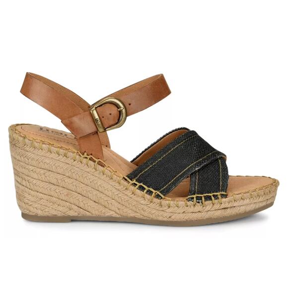 Born Shoes - Born Tan Leather and denim blue Espadrille Wedge Sandals